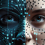 **

A close-up of a face being scanned by a complex network of lines and dots, representing facial recognition technology. The background features abstract binary code and swirling data streams. The overall tone is futuristic and slightly ominous, emphasizing the digital "double" being created.

**