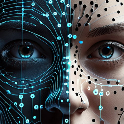 **

A close-up of a face being scanned by a complex network of lines and dots, representing facial recognition technology. The background features abstract binary code and swirling data streams. The overall tone is futuristic and slightly ominous, emphasizing the digital "double" being created.

**