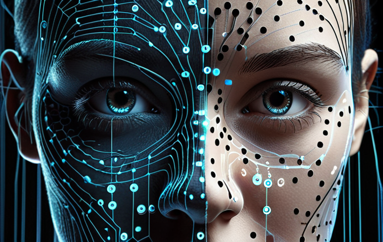 **

A close-up of a face being scanned by a complex network of lines and dots, representing facial recognition technology. The background features abstract binary code and swirling data streams. The overall tone is futuristic and slightly ominous, emphasizing the digital "double" being created.

**