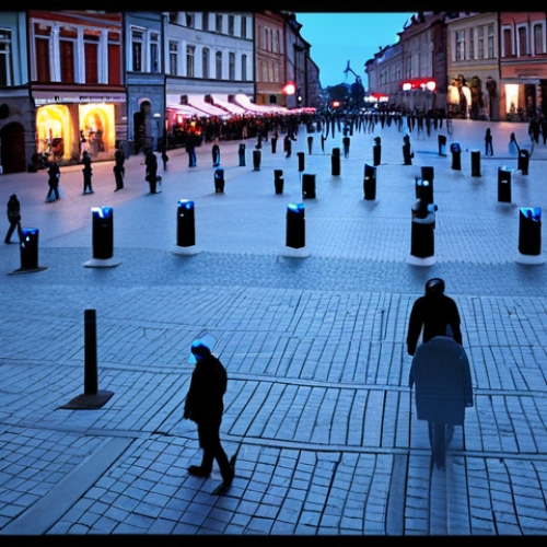 **A network of CCTV cameras with facial recognition software overlayed, casting a sterile, blue light over a busy Polish city square (Rynek Główny in Kraków). People are blurred and indistinct, except for one sharply focused face highlighted in red, with a sense of both security and surveillance dominating the scene.**