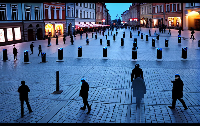 **A network of CCTV cameras with facial recognition software overlayed, casting a sterile, blue light over a busy Polish city square (Rynek Główny in Kraków). People are blurred and indistinct, except for one sharply focused face highlighted in red, with a sense of both security and surveillance dominating the scene.**